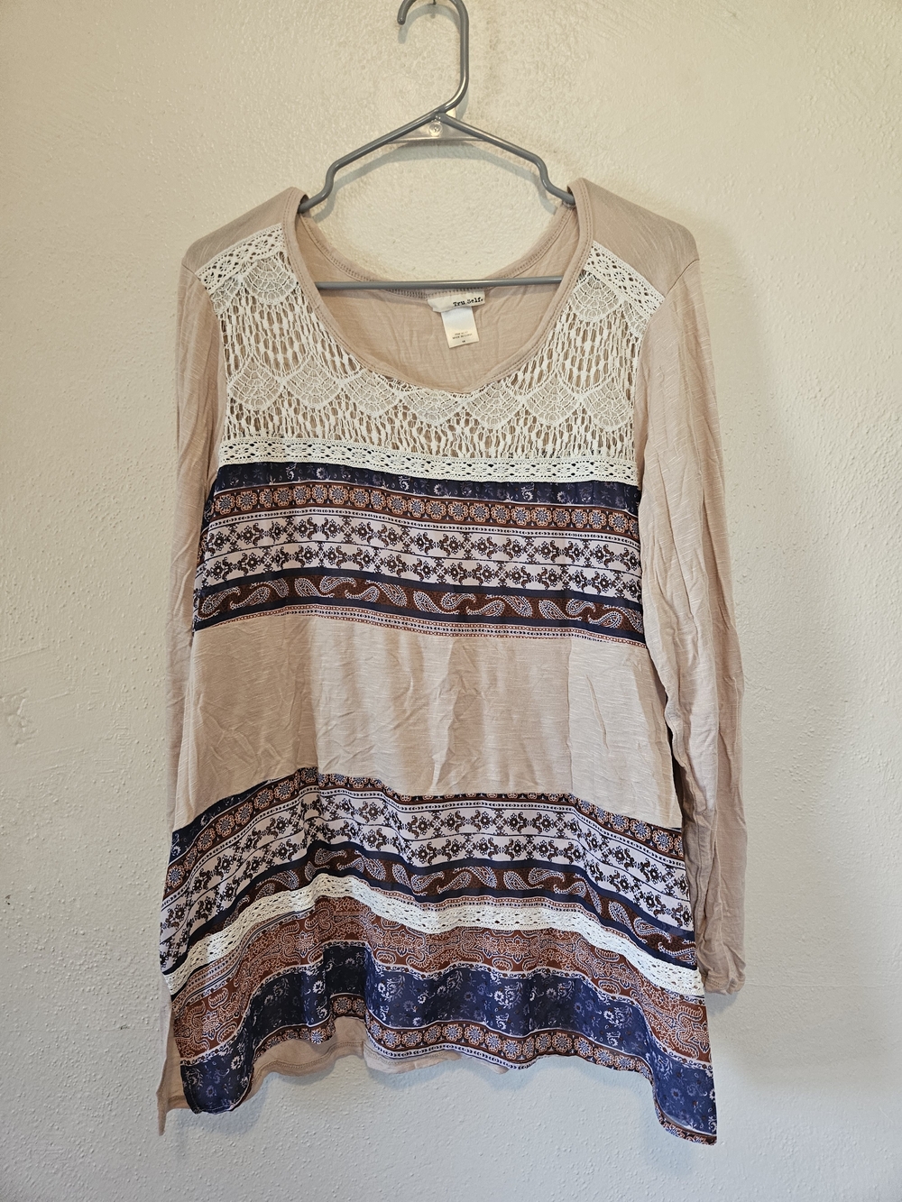Lace Yoke Bohemian Long Sleeve Tee - Blush Multi
